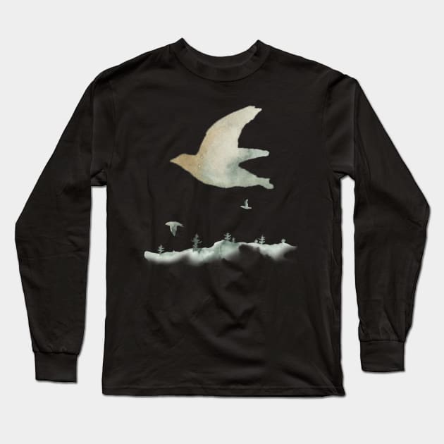 Spirit Of Christ Birds Flying Over Trees Watercolor Long Sleeve T-Shirt by BitterBaubles